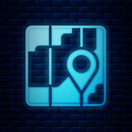 Glowing neon Infographic of city map navigation icon isolated on brick wall background. Mobile App Interface concept design. Geolacation concept. Vectorのイラスト素材