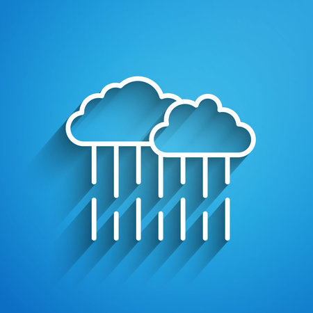 White line Cloud with rain icon isolated on blue background. Rain cloud precipitation with rain drops. Long shadow. Vectorのイラスト素材