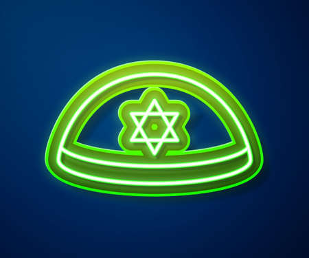Glowing neon line Jewish kippah with star of david icon isolated on blue background. Jewish yarmulke hat. Vectorのイラスト素材