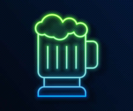 Glowing neon line Wooden beer mug icon isolated on blue background. Vectorのイラスト素材
