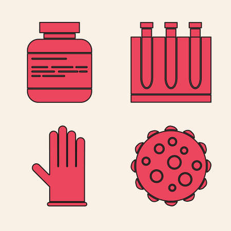 Set Virus, Medicine bottle and pills, Blood test and virus and Medical rubber gloves icon. Vectorのイラスト素材
