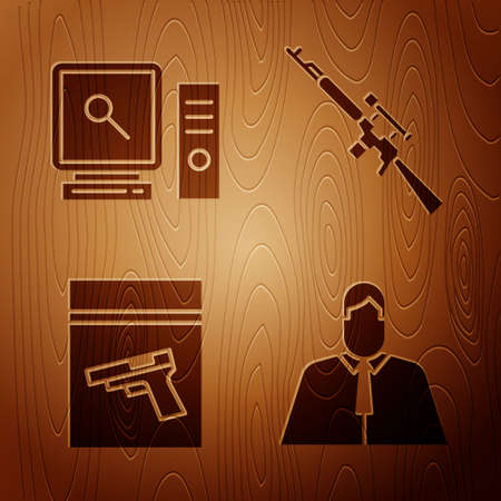 Set Lawyer, attorney, jurist, Search on computer screen, Evidence bag and pistol or gun and Sniper rifle with scope on wooden background. Vectorのイラスト素材