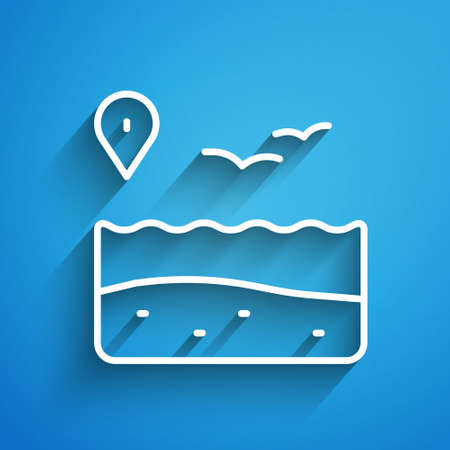 White line Location with beach icon isolated on blue background. Tropical beach landscape. Good sunny day. Long shadow. Vectorのイラスト素材