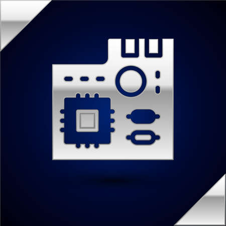 Silver Electronic computer components motherboard digital chip integrated science icon isolated on dark blue background. Circuit board. Vectorのイラスト素材