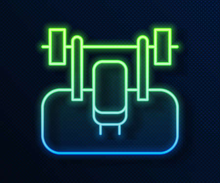 Glowing neon line Bench with barbel icon isolated on blue background. Gym equipment. Bodybuilding, powerlifting, fitness concept. Vectorのイラスト素材