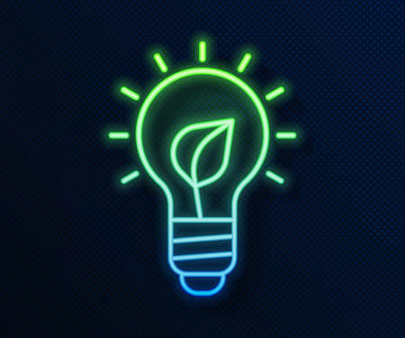 Glowing neon line Light bulb with leaf icon isolated on blue background. Eco energy concept. Alternative energy concept. Vectorのイラスト素材
