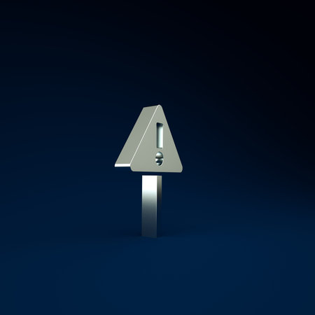 Silver Exclamation mark in triangle icon isolated on blue background. Hazard warning sign, careful,...