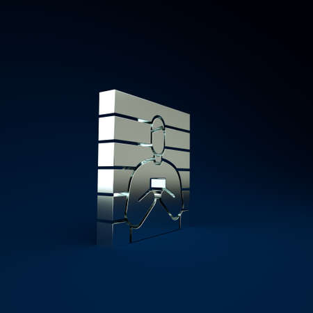 Silver Suspect criminal icon isolated on blue background. The criminal in prison, suspected near the board. Minimalism concept. 3d illustration 3D renderの写真素材