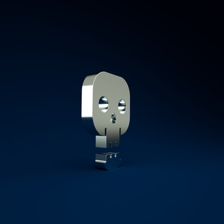 Silver Skull icon isolated on blue background. Happy Halloween party. Minimalism concept. 3d...