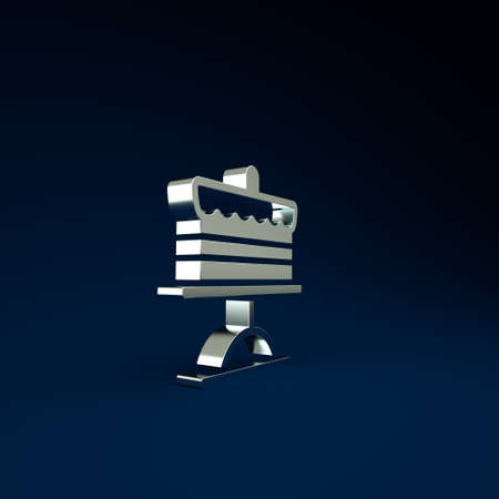 Silver Cake on plate icon isolated on blue background. Happy Birthday. Minimalism concept. 3d illustration 3D renderの写真素材