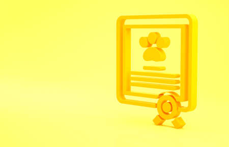 Yellow Medical certificate for travel with dog or cat icon isolated on yellow background. Document for pet. Dog or cat paw print. Minimalism concept. 3d illustration 3D renderの写真素材