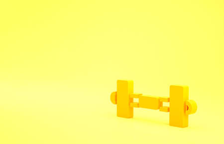 Yellow Dumbbell icon isolated on yellow background. Muscle lifting icon, fitness barbell, gym, sports equipment, exercise bumbbell. Minimalism concept. 3d illustration 3D renderの写真素材