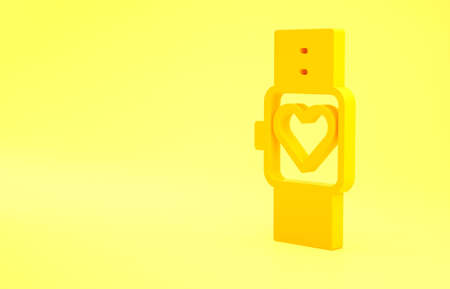 Yellow Smart watch showing heart beat rate icon isolated on yellow background. Fitness App concept. Minimalism concept. 3d illustration 3D renderの写真素材