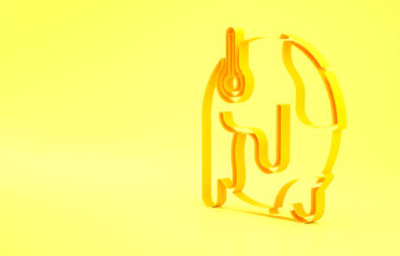 Yellow Planet earth melting to global warming icon isolated on yellow background. Ecological problems and solutions - thermometer. Minimalism concept. 3d illustration 3D renderの写真素材