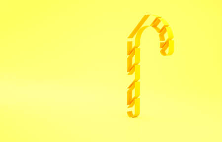 Yellow Christmas candy cane with stripes icon isolated on yellow background. Merry Christmas and Happy New Year. Minimalism concept. 3d illustration 3D renderの写真素材