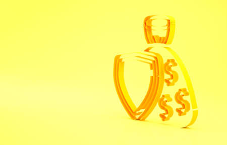 Yellow Shield and money bag with dollar symbol icon isolated on yellow background. Security shield protection. Money security concept. Minimalism concept. 3d illustration 3D renderの写真素材