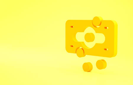 Yellow Stacks paper money cash icon isolated on yellow background. Money banknotes stacks. Bill currency. Minimalism concept. 3d illustration 3D renderの写真素材