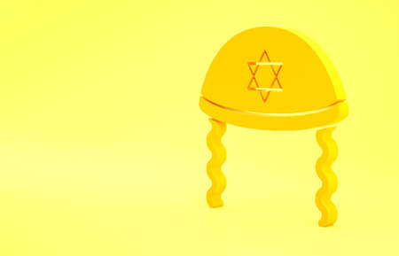 Yellow Jewish kippah with star of david and sidelocks icon isolated on yellow background. Jewish yarmulke hat. Minimalism concept. 3d illustration 3D renderの写真素材