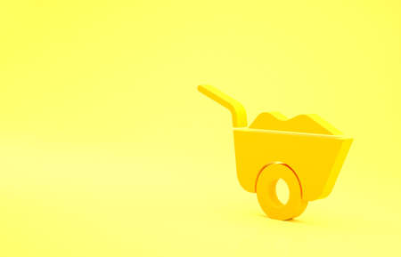 Yellow Wheelbarrow icon isolated on yellow background. Tool equipment. Agriculture cart wheel farm. Minimalism concept. 3d illustration 3D renderの写真素材