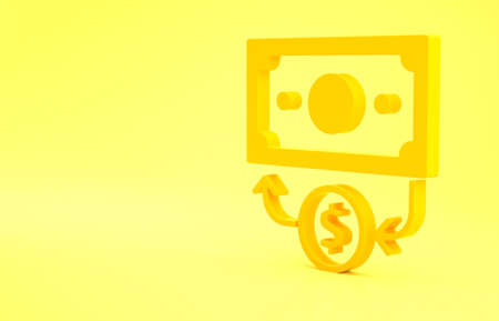 Yellow Stacks paper money cash icon isolated on yellow background. Money banknotes stacks. Bill currency. Minimalism concept. 3d illustration 3D renderの写真素材