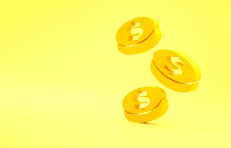 Yellow Coin money with dollar symbol icon isolated on yellow background. Banking currency sign. Cash symbol. Minimalism concept. 3d illustration 3D renderの写真素材