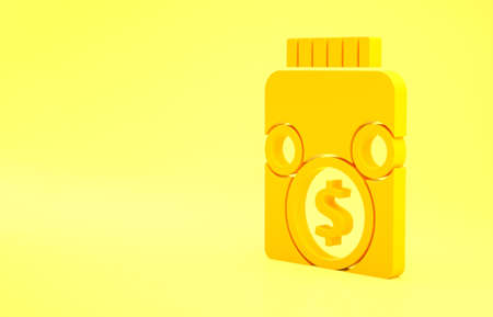 Yellow Glass money jar with coin icon isolated on yellow background. Icon saving or accumulation of money, investment. Minimalism concept. 3d illustration 3D renderの写真素材