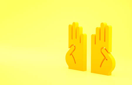 Yellow Rubber gloves icon isolated on yellow background. Latex hand protection sign. Housework cleaning equipment symbol. Minimalism concept. 3d illustration 3D renderの写真素材