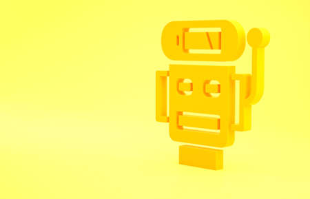 Yellow Robot low battery charge icon isolated on yellow background. Artificial intelligence, machine learning, cloud computing. Minimalism concept. 3d illustration 3D renderの写真素材
