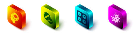 Set Isometric Human and virus, Medicine pill or tablet, Pills in blister pack and Virus icon. Vectorのイラスト素材