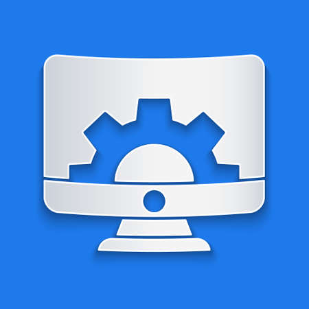 Paper cut Computer monitor and gear icon isolated on blue background. Adjusting, service, setting, maintenance, repair, fixing. Paper art style. Vector Illustrationのイラスト素材