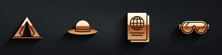 Set Tourist tent, Elegant women hat, Passport and Ski goggles icon with long shadow. Vector