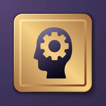 Purple Human head with gear inside icon isolated on purple background. Artificial intelligence. Thinking brain. Symbol work of brain. Gold square button. Vectorのイラスト素材