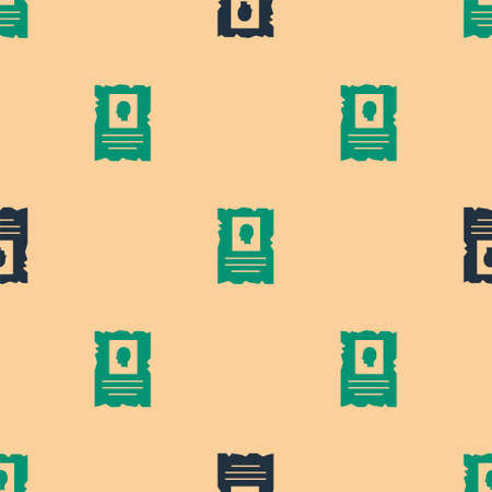 Green and black Wanted western poster icon isolated seamless pattern on beige background. Reward money. Dead or alive crime outlaw. Vectorのイラスト素材