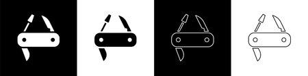Set pocket knife icon isolated on black and white background. Multi-tool, multipurpose penknife....