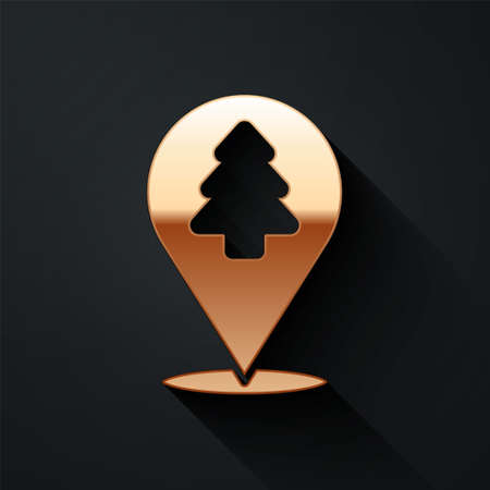 Gold Location of the forest on a map icon isolated on black background. Long shadow style. Vectorのイラスト素材