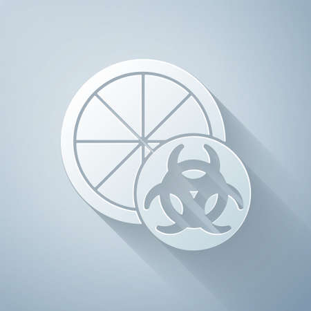 Paper cut Genetically modified citrus fruit icon isolated on grey background. Orange in a cut. Healthy lifestyle. GMO fruit. Paper art style. Vectorのイラスト素材