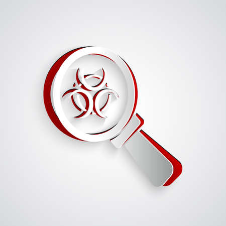 Paper cut Biohazard and magnifying glass icon isolated on grey background. Paper art style. Vectorのイラスト素材