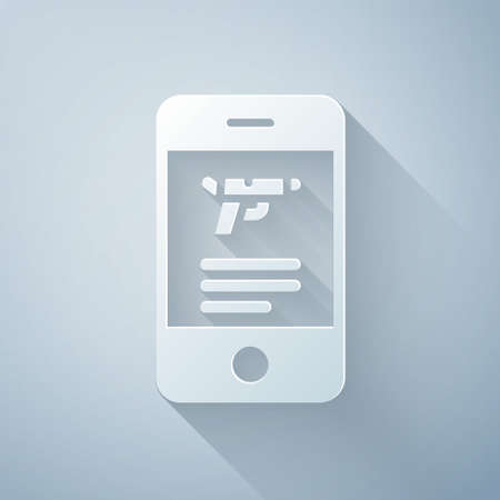 Paper cut Hunting shop with rifle and gun weapon in mobile app icon isolated on grey background. Supermarket or store with weapon equipment. Paper art style. Vectorのイラスト素材