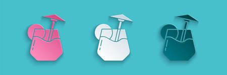 Paper cut Cocktail and alcohol drink with umbrella icon isolated on blue background. Paper art style. Vectorのイラスト素材