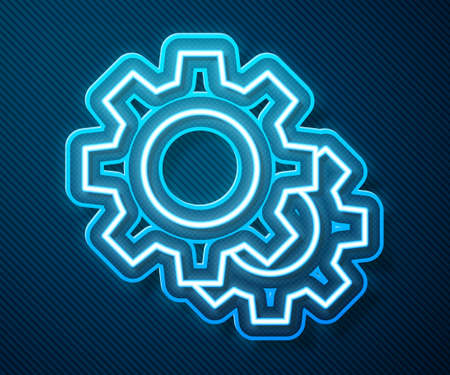 Glowing neon line Gear icon isolated on blue background. Cogwheel gear settings sign. Cog symbol. Vector Illustrationのイラスト素材