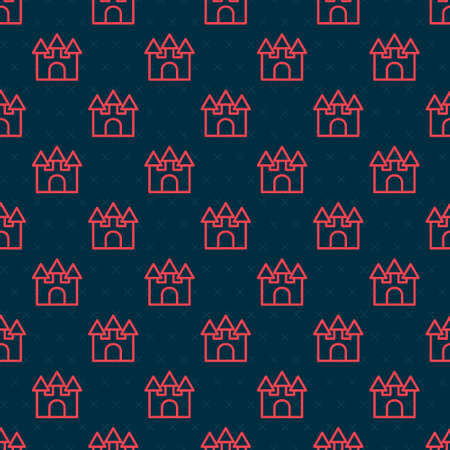Red line Castle icon isolated seamless pattern on black background. Vectorのイラスト素材