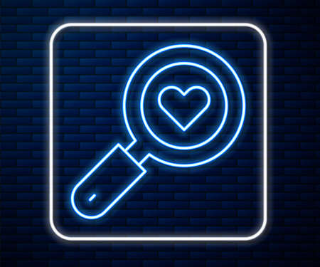 Glowing neon line Search heart and love icon isolated on brick wall background. Magnifying glass with heart inside. Vectorのイラスト素材