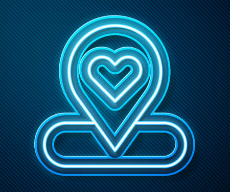 Glowing neon line Map pointer with heart icon isolated on blue background. Valentines day. Love location. Romantic map pin. Vectorのイラスト素材