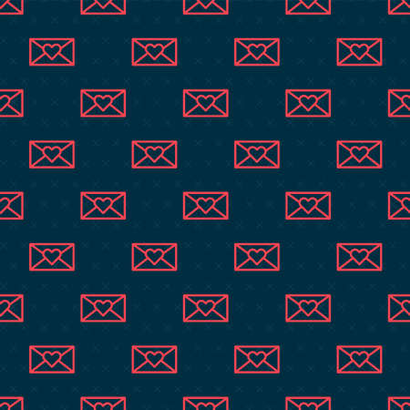 Red line Envelope with Valentine heart icon isolated seamless pattern on black background. Message love. Letter love and romance. Vectorのイラスト素材