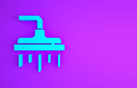 Blue Shower head with water drops flowing icon isolated on purple background. Minimalism concept. 3d illustration 3D renderの写真素材
