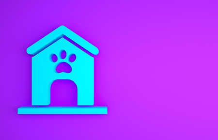 Blue Dog house and paw print pet icon isolated on purple background. Dog kennel. Minimalism concept. 3d illustration 3D renderの写真素材