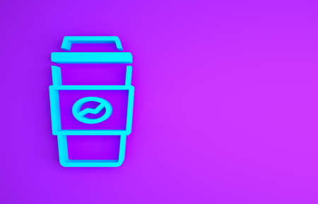 Blue Coffee cup to go icon isolated on purple background. Minimalism concept. 3d illustration 3D renderの写真素材