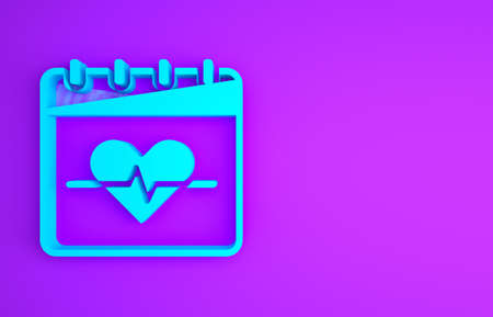 Blue Heart rate icon isolated on purple background. Heartbeat sign. Heart pulse icon. Cardiogram icon. Minimalism concept. 3d illustration 3D renderの写真素材