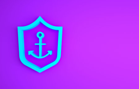 Blue Anchor inside shield icon isolated on purple background. Minimalism concept. 3d illustration 3D...