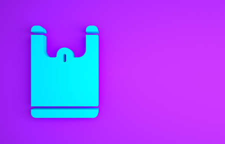 Blue Plastic bag icon isolated on purple background. Disposable cellophane and polythene package prohibition sign. Minimalism concept. 3d illustration 3D renderの写真素材
